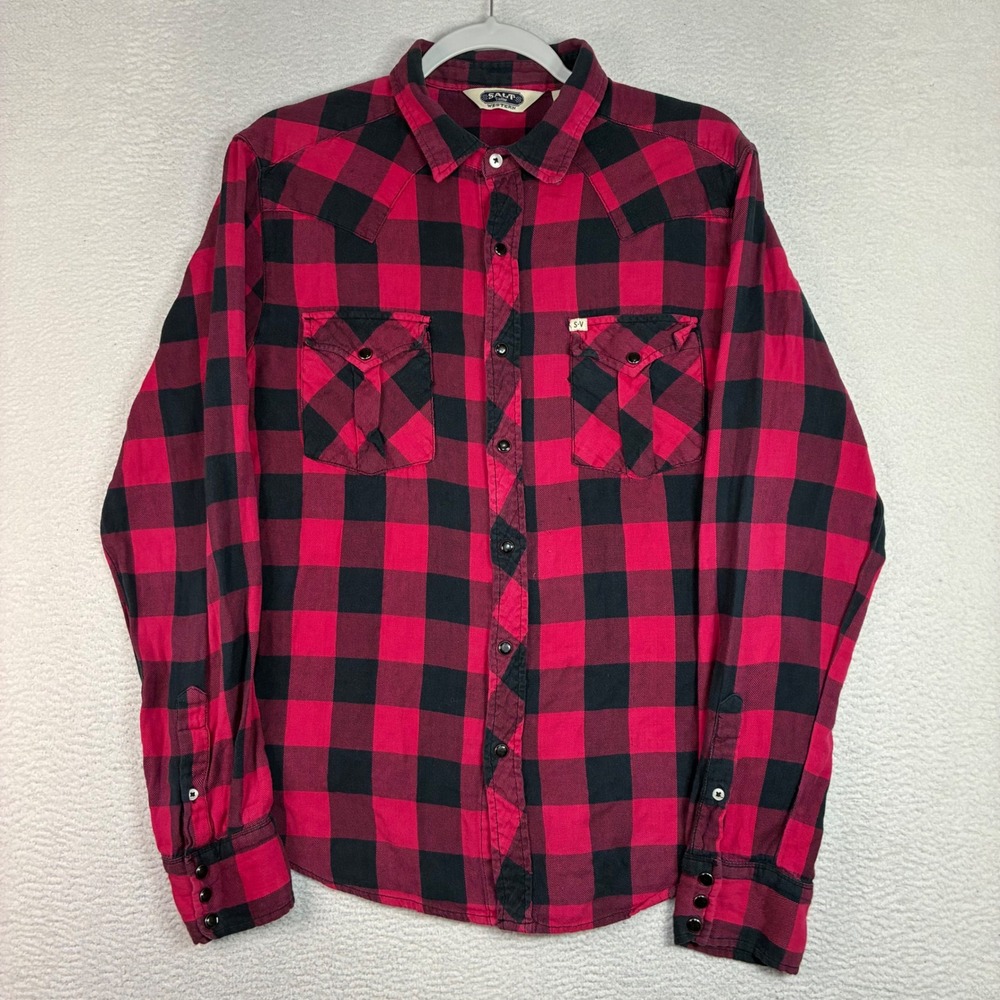 Salt Valley Western Pearl Snap Shirt Men M Red Black Buffalo Plaid Flannel
